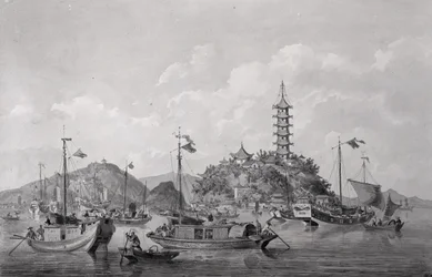 Ansicht der Goldenen Berginsel im Blauen Fluss, China, um 1794